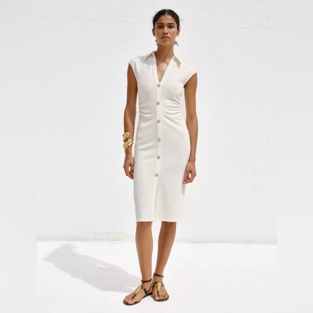 Zara Pique Midi Dress Oyster White Sleeveless & Gold Button Stretch V neck NWT S - Picture 6 of 14